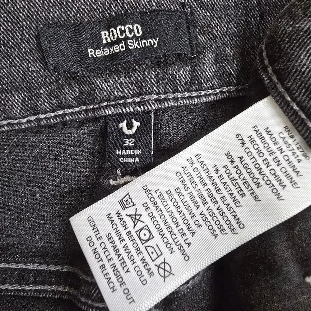 True Religion Rocco Jeans Mens 32x32 Black Gray Relaxed Skinny Horseshoe Stretch